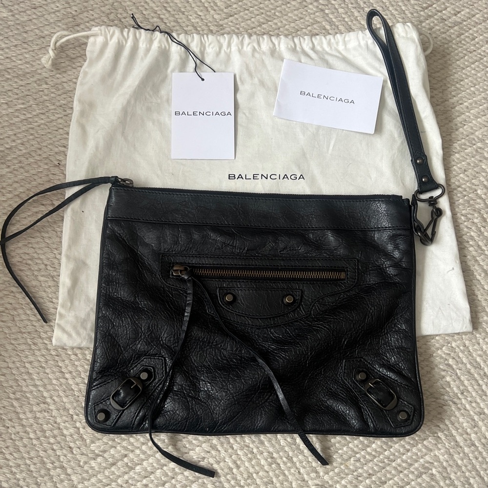 Balenciaga Classic Motocross Leather Pouch Clutch Black With Dust Bag